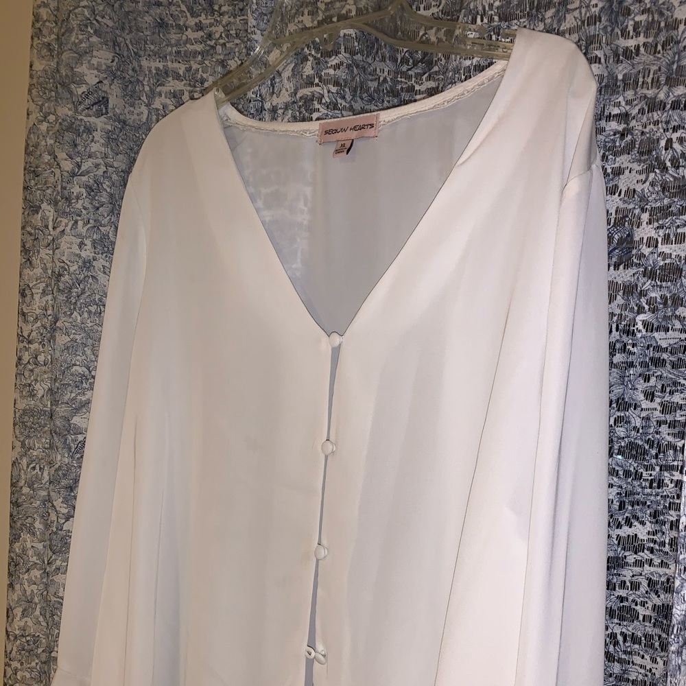White flowy button-up, Deep V neck
